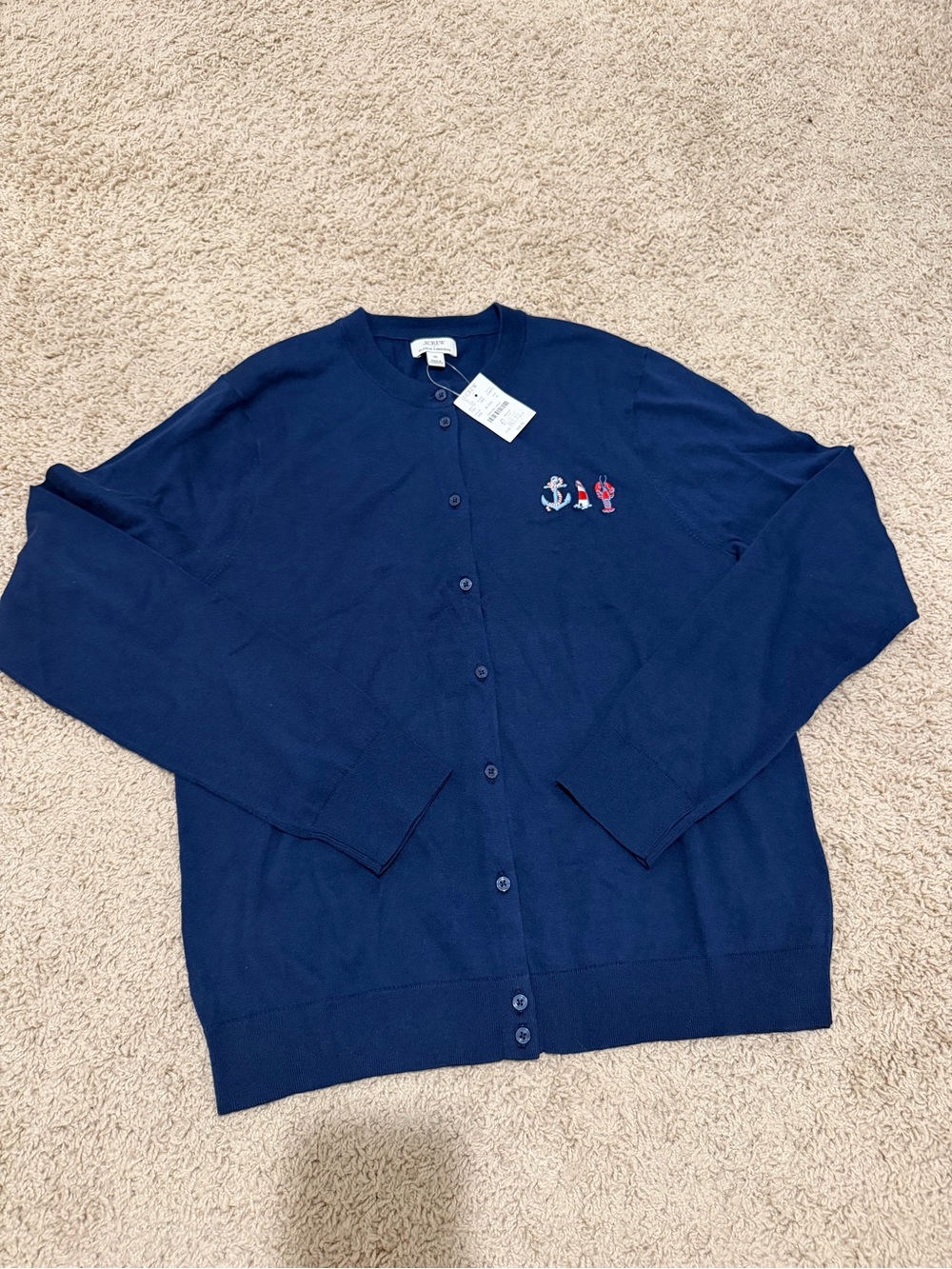 J.Crew Classic Cardigan XL Navy Nautical Embroidered Anchor Lobster NWT